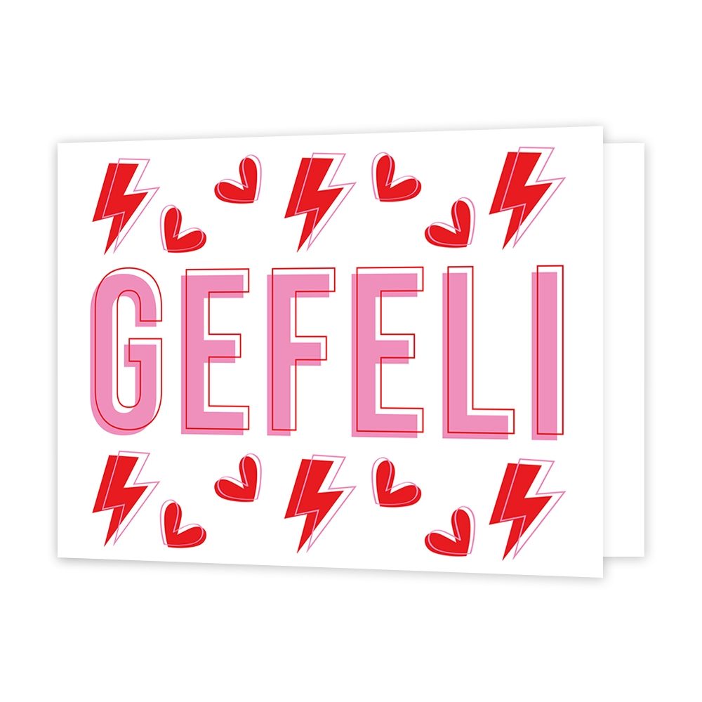 Gefeli - Formaat: Standaard - Vorm: Liggend - Felicitatiekaart - Op deze wenskaart staat de tekst: "Gefeli" omringt door rode hartjes en bliksem. - Snelwenskaart
