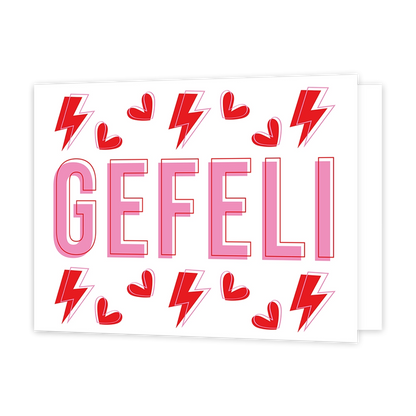 Gefeli - Formaat: Standaard - Vorm: Liggend - Felicitatiekaart - Op deze wenskaart staat de tekst: "Gefeli" omringt door rode hartjes en bliksem. - Snelwenskaart