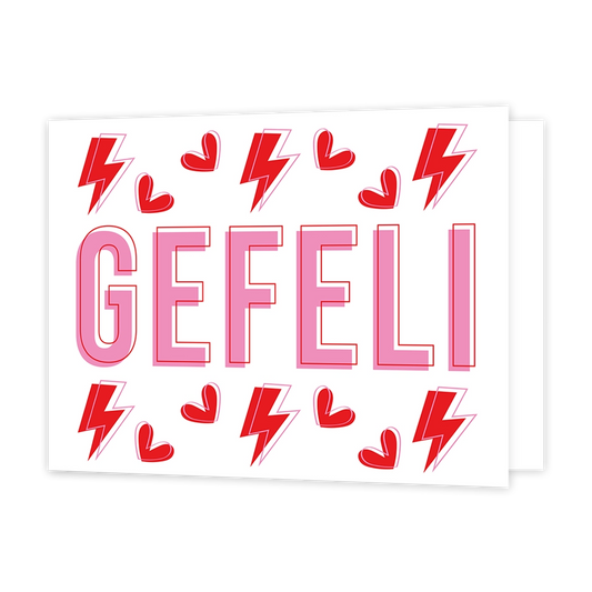 Gefeli - Formaat: Standaard - Vorm: Liggend - Felicitatiekaart - Op deze wenskaart staat de tekst: "Gefeli" omringt door rode hartjes en bliksem. - Snelwenskaart