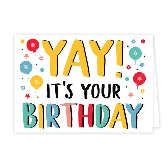 Yay! It's your birthday - Formaat: Normaal - Vorm: Liggend - Verjaardagskaart - Op deze wenskaart staan ballonnen in de kleuren rood, groen, blauw en geel met in het midden de tekst: "Yay! It's your birthday". - Snelwenskaart