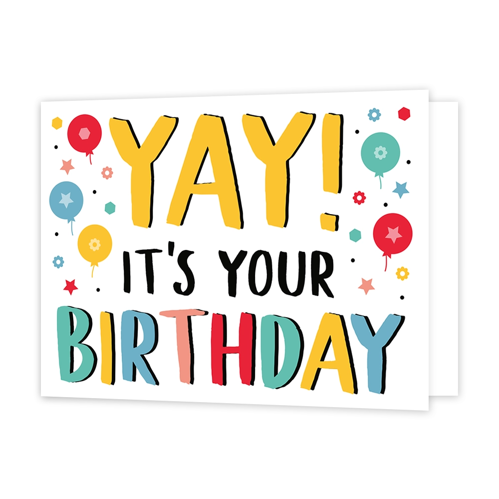 Yay! It's your birthday - Formaat: Standaard - Vorm: Liggend - Verjaardagskaart - Op deze wenskaart staan ballonnen in de kleuren rood, groen, blauw en geel met in het midden de tekst: "Yay! It's your birthday". - Snelwenskaart