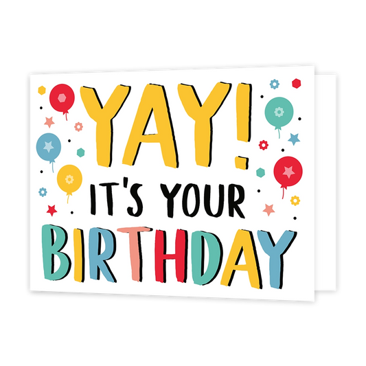 Yay! It's your birthday - Formaat: Standaard - Vorm: Liggend - Verjaardagskaart - Op deze wenskaart staan ballonnen in de kleuren rood, groen, blauw en geel met in het midden de tekst: "Yay! It's your birthday". - Snelwenskaart