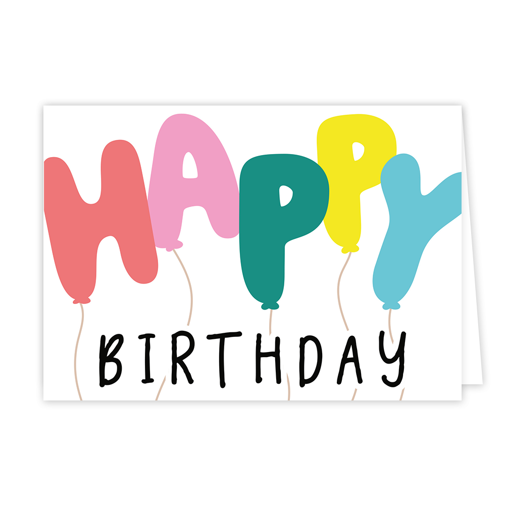 Happy birthday - Formaat: Normaal - Vorm: Liggend - Verjaardagskaart - Op deze wenskaart staat de tekst "HAPPY BIRTHDAY" centraal tegen een witte achtergrond. Het woord "HAPPY" is op een creatieve manier weergegeven: elke letter heeft de vorm van een vrolijk gekleurde ballon (roze, lichtroze, groen, geel en blauw) met een dun lijntje als touwtje dat naar beneden loopt. Daaronder staat het woord "BIRTHDAY" in strakke, zwarte handgeschreven blokletters. - Snelwenskaart
