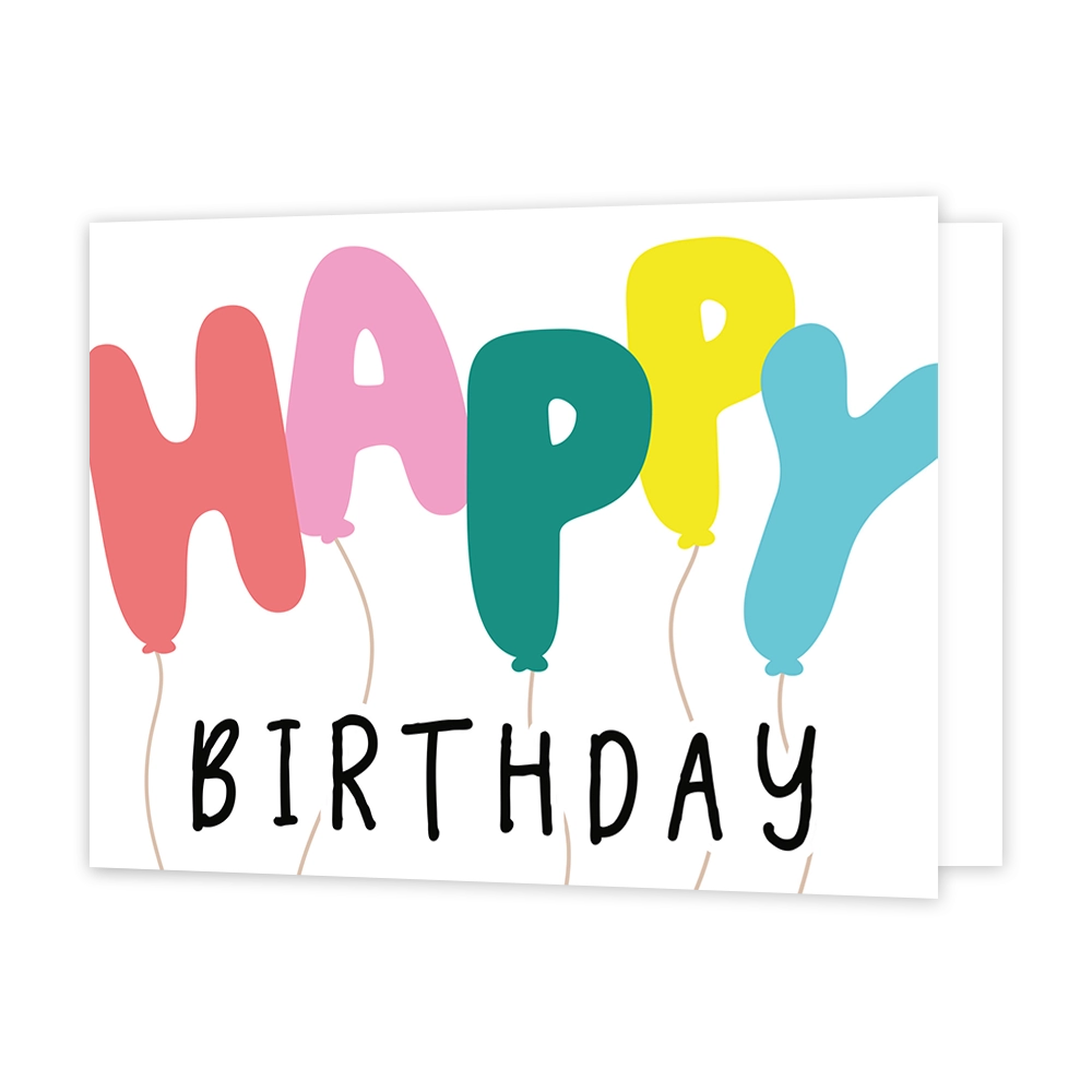 Happy birthday - Formaat: Standaard - Vorm: Liggend - Verjaardagskaart - Op deze wenskaart staat de tekst "HAPPY BIRTHDAY" centraal tegen een witte achtergrond. Het woord "HAPPY" is op een creatieve manier weergegeven: elke letter heeft de vorm van een vrolijk gekleurde ballon (roze, lichtroze, groen, geel en blauw) met een dun lijntje als touwtje dat naar beneden loopt. Daaronder staat het woord "BIRTHDAY" in strakke, zwarte handgeschreven blokletters. - Snelwenskaart