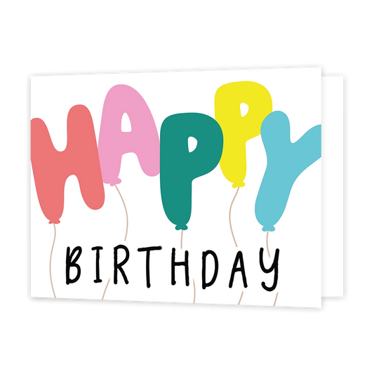 Happy birthday - Formaat: Standaard - Vorm: Liggend - Verjaardagskaart - Op deze wenskaart staat de tekst "HAPPY BIRTHDAY" centraal tegen een witte achtergrond. Het woord "HAPPY" is op een creatieve manier weergegeven: elke letter heeft de vorm van een vrolijk gekleurde ballon (roze, lichtroze, groen, geel en blauw) met een dun lijntje als touwtje dat naar beneden loopt. Daaronder staat het woord "BIRTHDAY" in strakke, zwarte handgeschreven blokletters. - Snelwenskaart