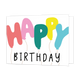 Happy birthday - Formaat: Standaard - Vorm: Liggend - Verjaardagskaart - Op deze wenskaart staat de tekst "HAPPY BIRTHDAY" centraal tegen een witte achtergrond. Het woord "HAPPY" is op een creatieve manier weergegeven: elke letter heeft de vorm van een vrolijk gekleurde ballon (roze, lichtroze, groen, geel en blauw) met een dun lijntje als touwtje dat naar beneden loopt. Daaronder staat het woord "BIRTHDAY" in strakke, zwarte handgeschreven blokletters. - Snelwenskaart