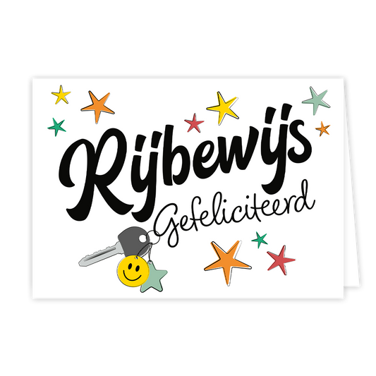 Rijbewijs gefeliciteerd - Formaat: Normaal - Vorm: Liggend - Geslaagd kaart - Op deze wenskaart staan sterren in de kleuren geel, oranje, groen en rood met links een sleutel. In het midden staat de tekst: "Rijbewijs gefeliciteerd". - Snelwenskaart