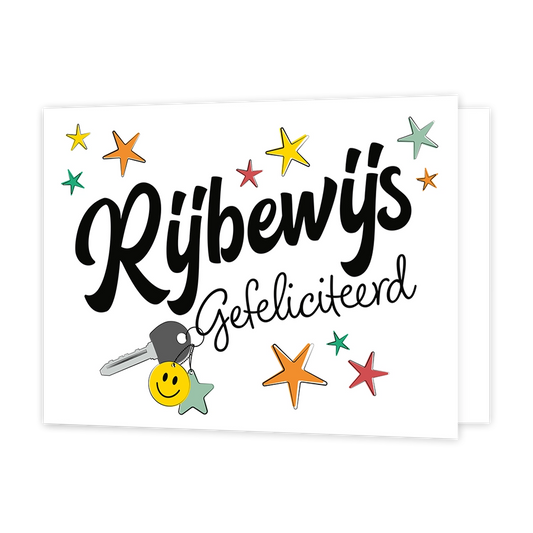 Rijbewijs gefeliciteerd - Formaat: Standaard - Vorm: Liggend - Geslaagd kaart - Op deze wenskaart staan sterren in de kleuren geel, oranje, groen en rood met links een sleutel. In het midden staat de tekst: "Rijbewijs gefeliciteerd". - Snelwenskaart