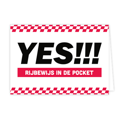 Yes! Rijbewijs in de pocket - Formaat: Normaal - Vorm: Liggend - Geslaagd kaart - Op deze wenskaart staat de tekst: "Yes!!! Rijbewijs in de pocket". - Snelwenskaart
