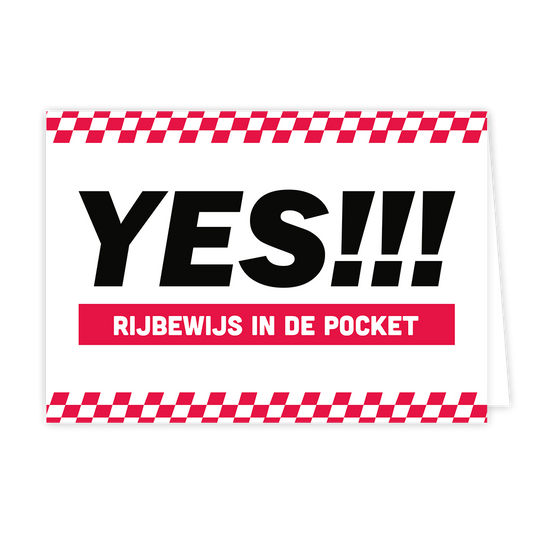 Yes! Rijbewijs in de pocket - Formaat: Normaal - Vorm: Liggend - Geslaagd kaart - Op deze wenskaart staat de tekst: "Yes!!! Rijbewijs in de pocket". - Snelwenskaart