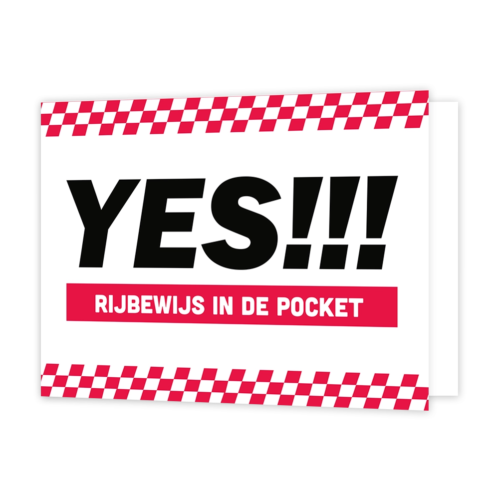 Yes! Rijbewijs in de pocket - Formaat: Standaard - Vorm: Liggend - Geslaagd kaart - Op deze wenskaart staat de tekst: "Yes!!! Rijbewijs in de pocket". - Snelwenskaart