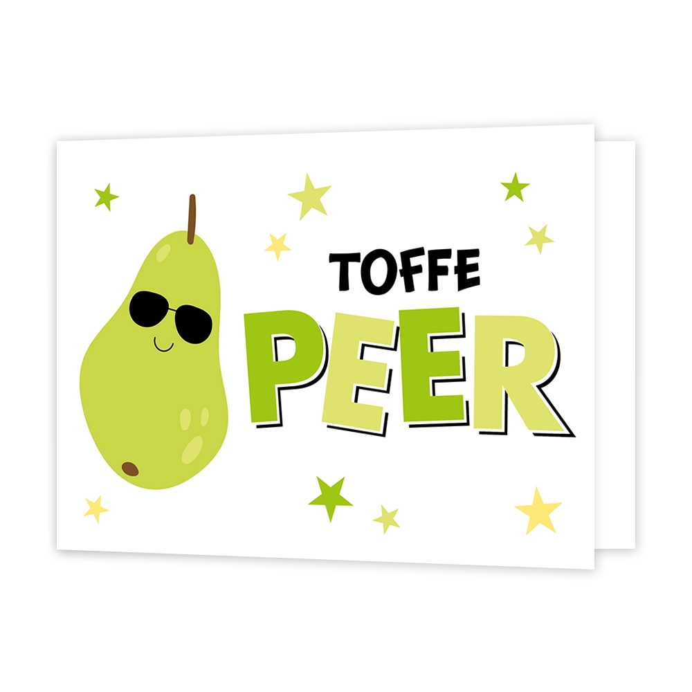 Toffe peer - Formaat: Standaard - Vorm: Liggend - Complimentenkaart - Op deze wenskaart staat een groene peer met rechts daarnaast de tekst: "Toffe peer". - Snelwenskaart