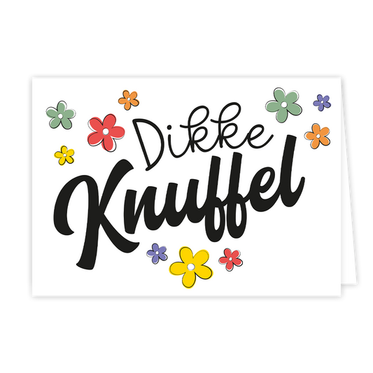 Dikke knuffel - Formaat: Normaal - Vorm: Liggend - Vriendschapskaart - Op deze wenskaart staan bloemen in de kleuren rood, groen, geel, oranje en paars met in het midden de tekst: "Dikke knuffel". - Snelwenskaart