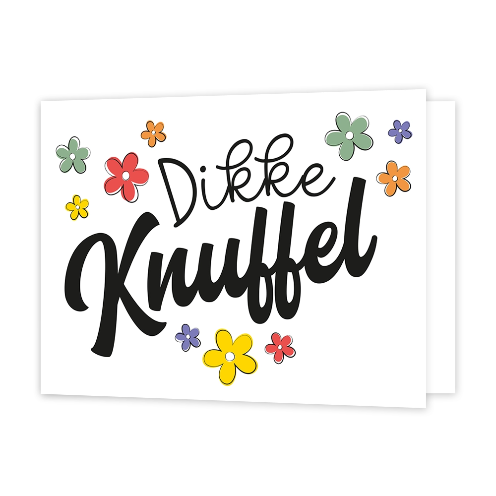 Dikke knuffel - Formaat: Standaard - Vorm: Liggend - Vriendschapskaart - Op deze wenskaart staan bloemen in de kleuren rood, groen, geel, oranje en paars met in het midden de tekst: "Dikke knuffel". - Snelwenskaart