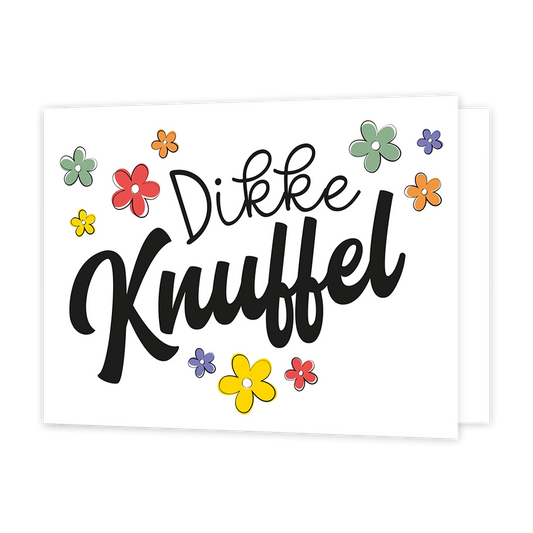 Dikke knuffel - Formaat: Standaard - Vorm: Liggend - Vriendschapskaart - Op deze wenskaart staan bloemen in de kleuren rood, groen, geel, oranje en paars met in het midden de tekst: "Dikke knuffel". - Snelwenskaart