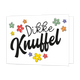 Dikke knuffel - Formaat: Standaard - Vorm: Liggend - Vriendschapskaart - Op deze wenskaart staan bloemen in de kleuren rood, groen, geel, oranje en paars met in het midden de tekst: "Dikke knuffel". - Snelwenskaart