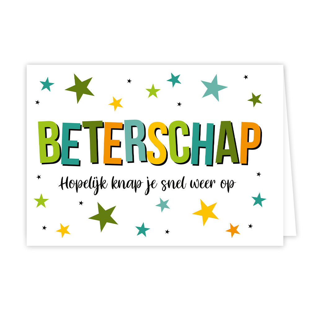 Beterschap - Afmeting: {"value":14.8,"unit":"CENTIMETERS"} x {"value":10.9,"unit":"CENTIMETERS"} - Formaat: Normaal - Vorm: Liggend - Beterschapskaart - Op deze wenskaart staan sterren in de kleuren geel, groen, blauw en oranje met in het midden de tekst: "Beterschap hopelijk knap je snel weer op". - Snelwenskaart