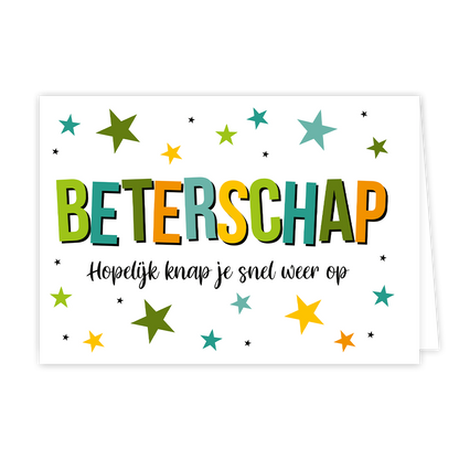 Beterschap - Afmeting: {"value":14.8,"unit":"CENTIMETERS"} x {"value":10.9,"unit":"CENTIMETERS"} - Formaat: Normaal - Vorm: Liggend - Beterschapskaart - Op deze wenskaart staan sterren in de kleuren geel, groen, blauw en oranje met in het midden de tekst: "Beterschap hopelijk knap je snel weer op". - Snelwenskaart