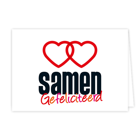 Samen, gefeliciteerd - Formaat: Normaal - Vorm: Liggend - Huwelijkskaart - Op deze wenskaart staan twee hartjes die elkaar kruisen met daaronder de tekst: "Samen gefeliciteerd". - Snelwenskaart