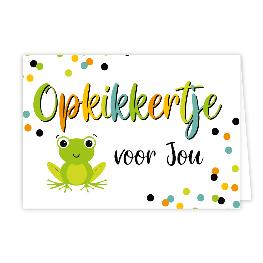 Opkikkertje voor jou - Formaat: Normaal - Vorm: Liggend - Opkikker kaart - Op deze wenskaart staat een kikker met op de achtergrond stippen in diverse kleuren. In het midden staat de tekst: "Opkikkertje voor jou". - Snelwenskaart