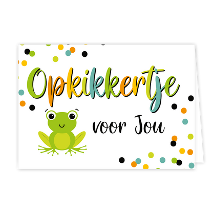Opkikkertje voor jou - Formaat: Normaal - Vorm: Liggend - Opkikker kaart - Op deze wenskaart staat een kikker met op de achtergrond stippen in diverse kleuren. In het midden staat de tekst: "Opkikkertje voor jou". - Snelwenskaart