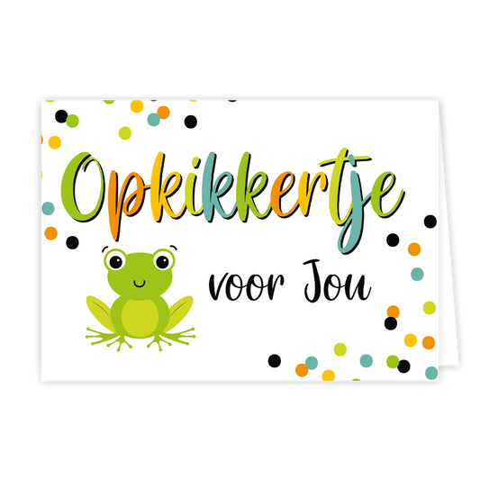 Opkikkertje voor jou - Formaat: Normaal - Vorm: Liggend - Opkikker kaart - Op deze wenskaart staat een kikker met op de achtergrond stippen in diverse kleuren. In het midden staat de tekst: "Opkikkertje voor jou". - Snelwenskaart