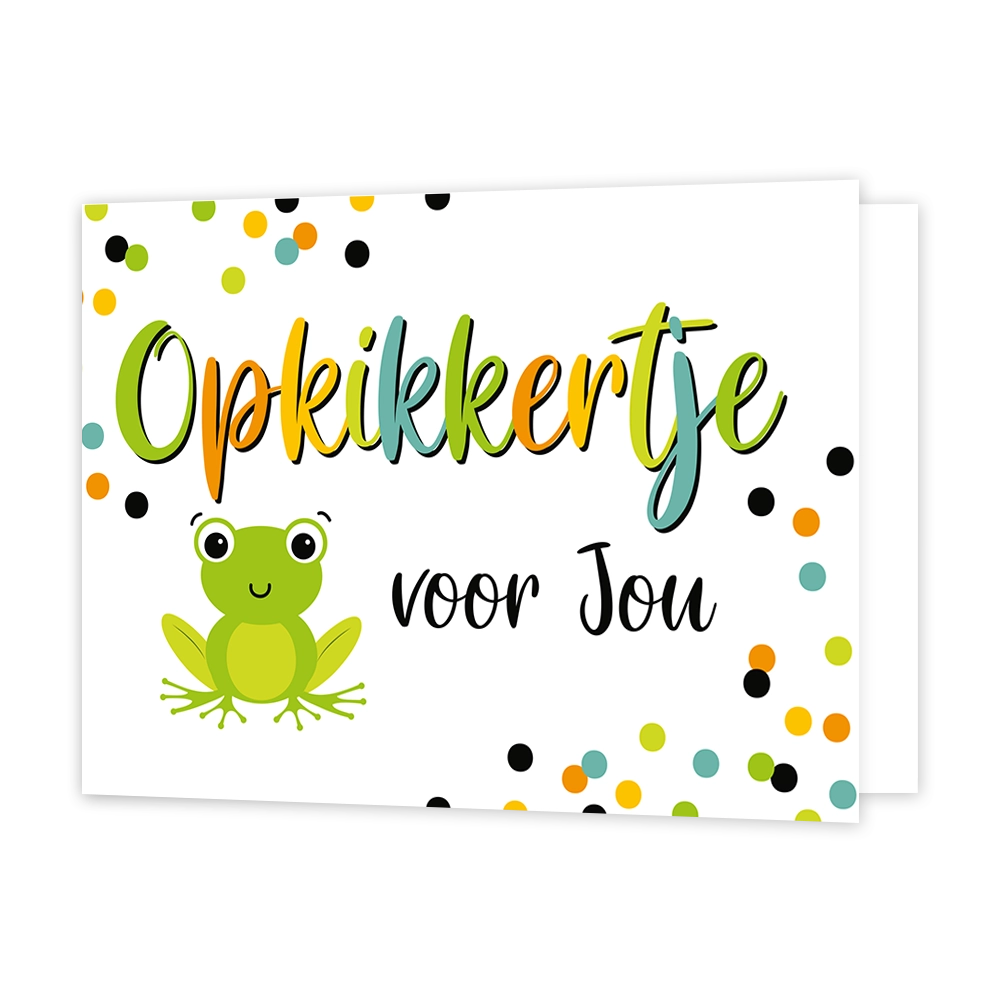 Opkikkertje voor jou - Formaat: Standaard - Vorm: Liggend - Opkikker kaart - Op deze wenskaart staat een kikker met op de achtergrond stippen in diverse kleuren. In het midden staat de tekst: "Opkikkertje voor jou". - Snelwenskaart