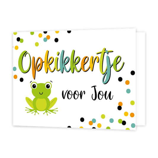 Opkikkertje voor jou - Formaat: Standaard - Vorm: Liggend - Opkikker kaart - Op deze wenskaart staat een kikker met op de achtergrond stippen in diverse kleuren. In het midden staat de tekst: "Opkikkertje voor jou". - Snelwenskaart