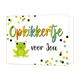 Opkikkertje voor jou - Formaat: Standaard - Vorm: Liggend - Opkikker kaart - Op deze wenskaart staat een kikker met op de achtergrond stippen in diverse kleuren. In het midden staat de tekst: "Opkikkertje voor jou". - Snelwenskaart