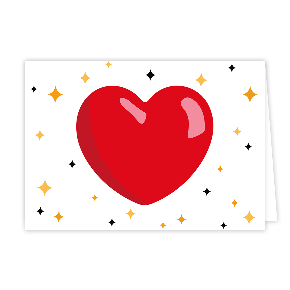 Hart en sterren - Formaat: Normaal - Vorm: Liggend - Liefdeskaart - Op deze wenskaart staat een groot rood hart in het midden van de kaart. Om de kaart heen staan meerdere kleine sterren in het geel, oranje en zwart. - Snelwenskaart