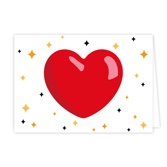 Hart en sterren - Formaat: Normaal - Vorm: Liggend - Liefdeskaart - Op deze wenskaart staat een groot rood hart in het midden van de kaart. Om de kaart heen staan meerdere kleine sterren in het geel, oranje en zwart. - Snelwenskaart