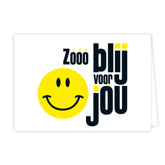 Zo blij voor jou - Formaat: Normaal - Vorm: Liggend - Complimentenkaart - Op deze wenskaart staat een smiley met daarnaast de tekst: "Zó blij met jou". - Snelwenskaart