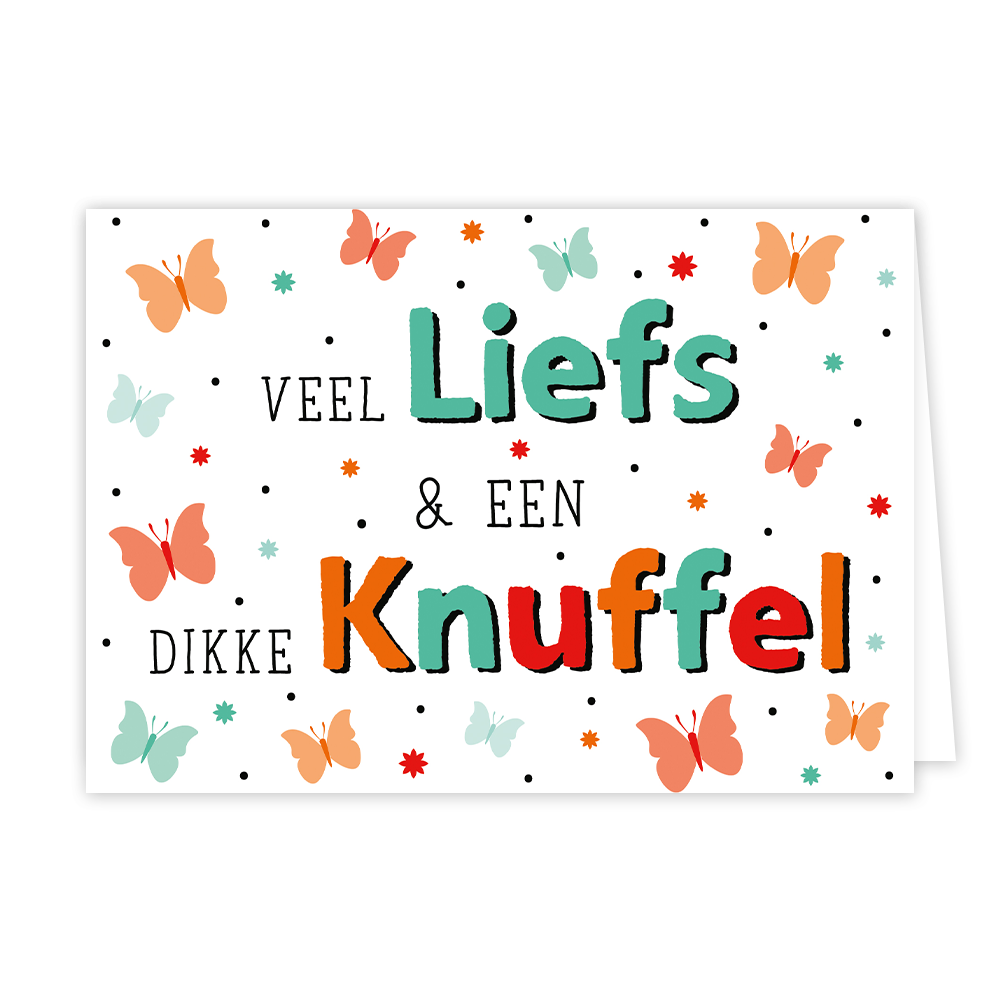 Veel liefs - Formaat: Normaal - Vorm: Liggend - Vriendschapskaart - Op deze wenskaart staan vlinders en bloemen in de kleuren oranje, rood en mintgroen met in het midden de tekst: 'Veel liefs & een dikke knuffel". - Snelwenskaart