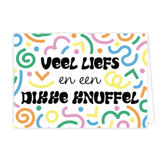 Veel liefs en een dikke knuffel - Formaat: Normaal - Vorm: Liggend - Vriendschapskaart - Op deze wenskaart staan lijnen in diverse kleuren en vormen met in het midden de tekst: "Veel liefs en een dikke knuffel". - Snelwenskaart