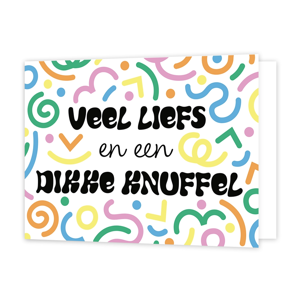 Veel liefs en een dikke knuffel - Formaat: Standaard - Vorm: Liggend - Vriendschapskaart - Op deze wenskaart staan lijnen in diverse kleuren en vormen met in het midden de tekst: "Veel liefs en een dikke knuffel". - Snelwenskaart