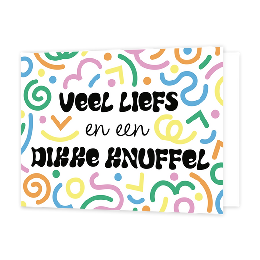 Veel liefs en een dikke knuffel - Formaat: Standaard - Vorm: Liggend - Vriendschapskaart - Op deze wenskaart staan lijnen in diverse kleuren en vormen met in het midden de tekst: "Veel liefs en een dikke knuffel". - Snelwenskaart