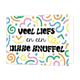Veel liefs en een dikke knuffel - Formaat: Standaard - Vorm: Liggend - Vriendschapskaart - Op deze wenskaart staan lijnen in diverse kleuren en vormen met in het midden de tekst: "Veel liefs en een dikke knuffel". - Snelwenskaart