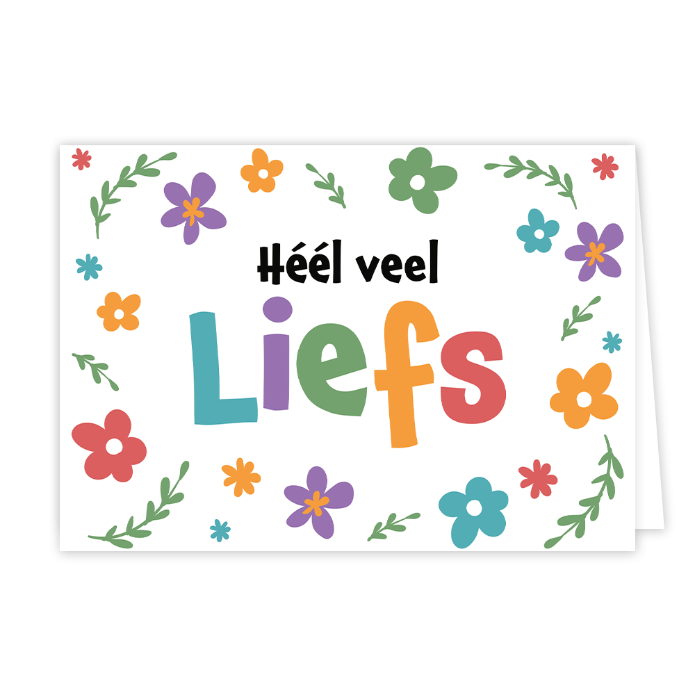 Heel veel liefs - Formaat: Normaal - Vorm: Liggend - Vriendschapskaart - Op deze wenskaart staan bloemen in de kleuren oranje, paars, groen, blauw en rood met in het midden de tekst: "Héél veel liefs". - Snelwenskaart