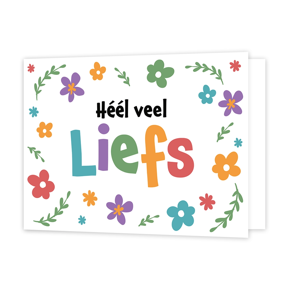 Heel veel liefs - Formaat: Standaard - Vorm: Liggend - Vriendschapskaart - Op deze wenskaart staan bloemen in de kleuren oranje, paars, groen, blauw en rood met in het midden de tekst: "Héél veel liefs". - Snelwenskaart