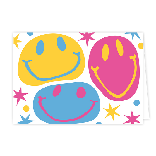 Smileys - Formaat: Normaal - Vorm: Liggend - Blanco kaart - Op deze wenskaart staan smileys in de kleuren roze, geel en blauw. - Snelwenskaart