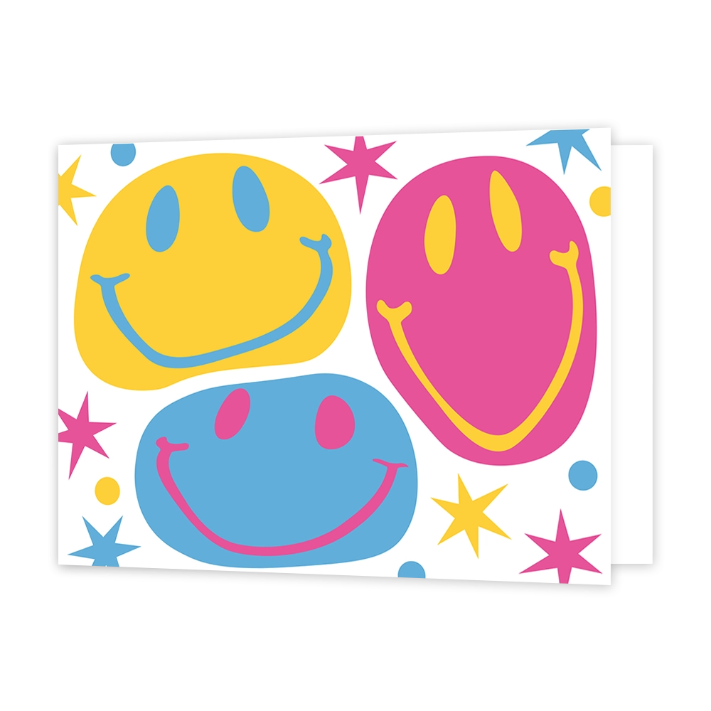 Smileys - Formaat: Standaard - Vorm: Liggend - Blanco kaart - Op deze wenskaart staan smileys in de kleuren roze, geel en blauw. - Snelwenskaart