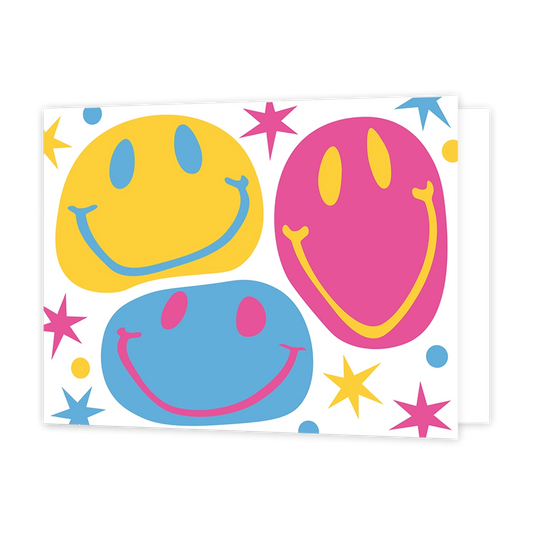 Smileys - Formaat: Standaard - Vorm: Liggend - Blanco kaart - Op deze wenskaart staan smileys in de kleuren roze, geel en blauw. - Snelwenskaart