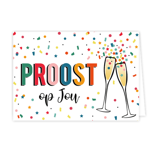 Proost op jou - Formaat: Normaal - Vorm: Liggend - Proost kaart - Op deze wenskaart staan champagneglazen waar confetti uit komt met in het midden de tekst: "Proost op jou". - Snelwenskaart