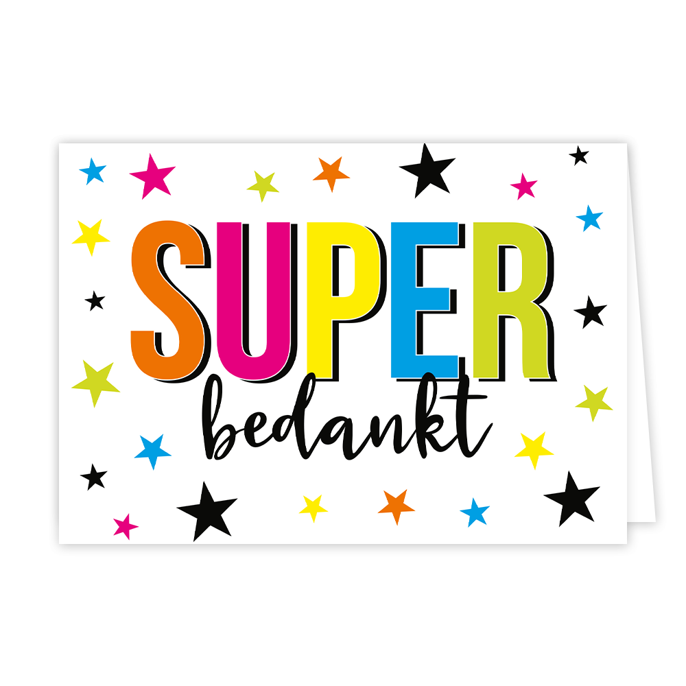 Super bedankt - Formaat: Normaal - Vorm: Liggend - Bedankkaart - Op deze wenskaart staan sterren in de kleuren roze, groen, oranje, zwart, blauw, groen en geel. In het midden staat de tekst: "Super bedankt". - Snelwenskaart