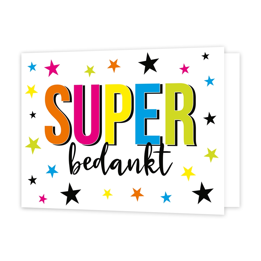 Super bedankt - Formaat: Standaard - Vorm: Liggend - Bedankkaart - Op deze wenskaart staan sterren in de kleuren roze, groen, oranje, zwart, blauw, groen en geel. In het midden staat de tekst: "Super bedankt". - Snelwenskaart