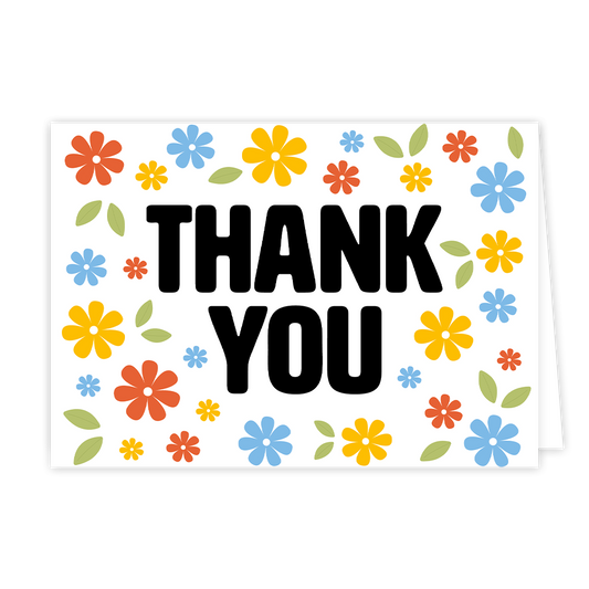 Thank you - Formaat: Normaal - Vorm: Liggend - Bedankkaart - Op deze wenskaart staan bloemen in de kleuren geel, oranje en blauw met in het midden de tekst: "Thank you". - Snelwenskaart