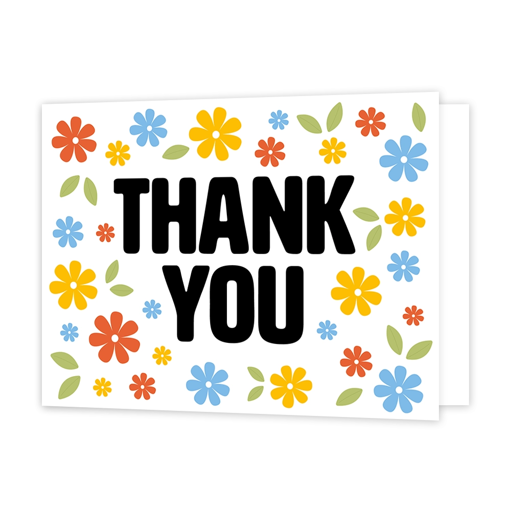 Thank you - Formaat: Standaard - Vorm: Liggend - Bedankkaart - Op deze wenskaart staan bloemen in de kleuren geel, oranje en blauw met in het midden de tekst: "Thank you". - Snelwenskaart