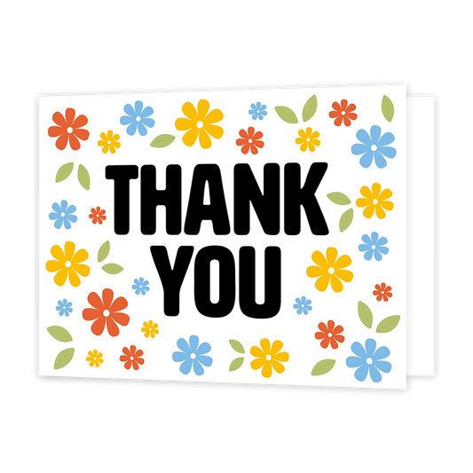 Thank you - Formaat: Standaard - Vorm: Liggend - Bedankkaart - Op deze wenskaart staan bloemen in de kleuren geel, oranje en blauw met in het midden de tekst: "Thank you". - Snelwenskaart
