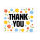 Thank you - Formaat: Standaard - Vorm: Liggend - Bedankkaart - Op deze wenskaart staan bloemen in de kleuren geel, oranje en blauw met in het midden de tekst: "Thank you". - Snelwenskaart