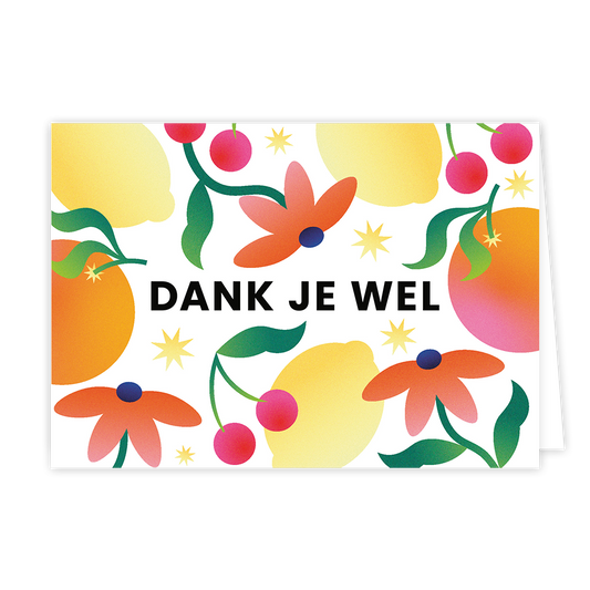 Fruit en bloemen - Formaat: Normaal - Vorm: Liggend - Blanco kaart - Op deze wenskaart staan kersen, sinasappels en citroenen samen met oranje bloemen. - Snelwenskaart